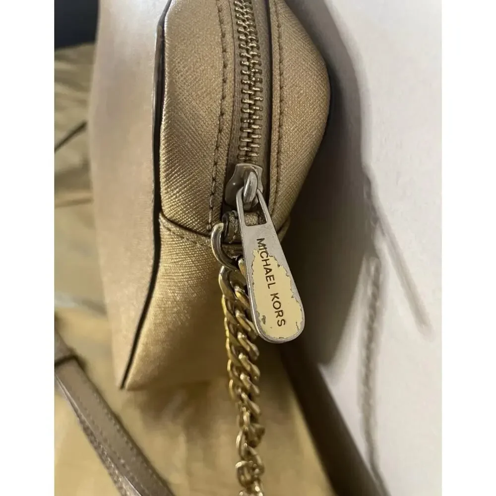 Michael Kors Jet Set Metallic Pale Gold Crossbody Bag MK Logo